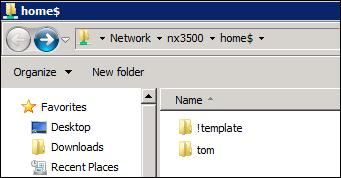6. In Active Directory Users and Computers, right-click on the new user account and select Properties. 7. Select the Profile tab. 8. Change \\<nx3500>\home$\tom to \\<nx3500>\homes. 9.