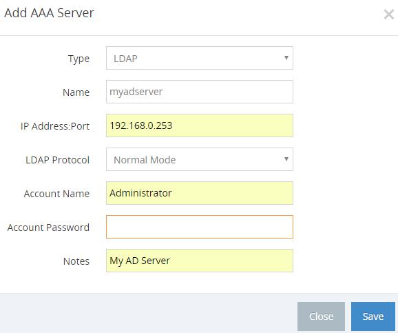 Profiles Click Manage for Access Policy In AAA Server tab,