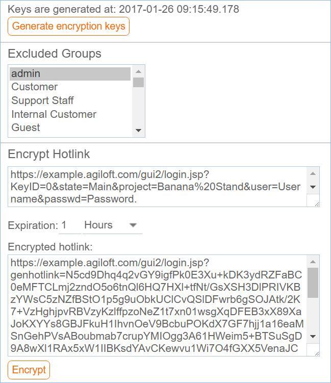 Encrypted Hyperlinks To create an encrypted hotlink in this screen: Enter the hotlink into the Encrypt Hotlink field. Select any excluded groups who will not be able to use the encrypted link.