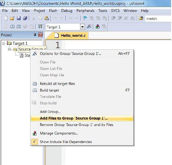 STEP15: In project window right click on source group1 and then