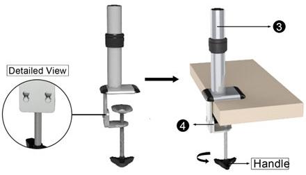 2. Desk Clamp: Attach the bottom portion of the Clamp (4) to the L Plate, then place the Clamp