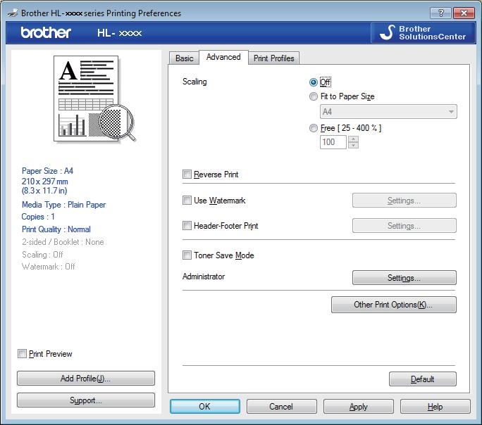 Driver and Software Advanced tab 1 3 4 5 6 7 Change the tab settings by clicking one of the following selections: Scaling (1) Reverse Print () Use Watermark (3) Header-Footer Print (4) Toner Save