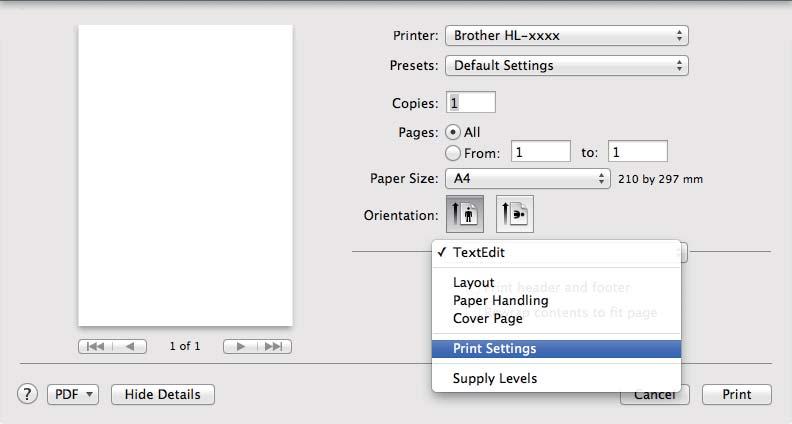 Driver and Software Choosing printing options To control special printing features, choose Print Settings from the Print dialog box.