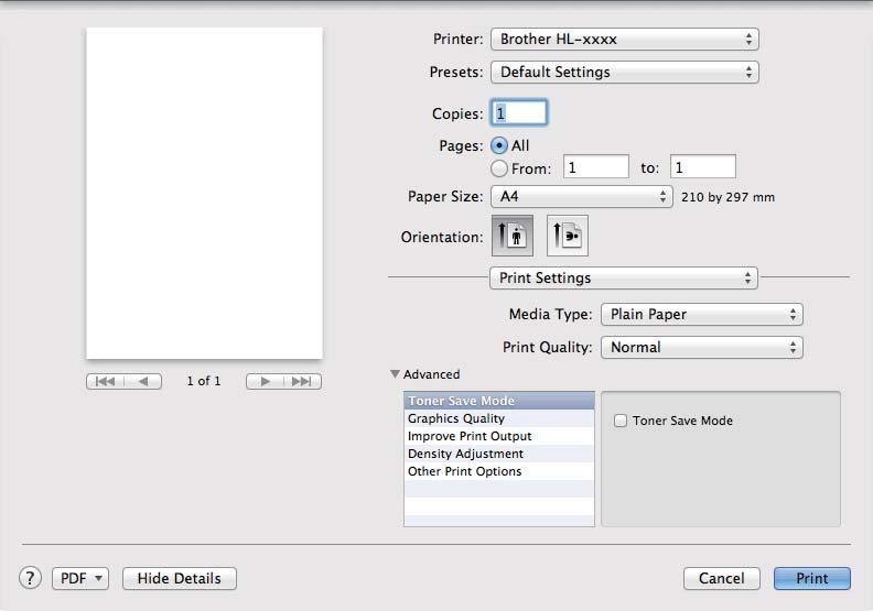 Driver and Software Advanced print settings When you click the triangle mark (c) beside Advanced, the advanced print settings appear. Toner Save Mode You can conserve toner use with this feature.