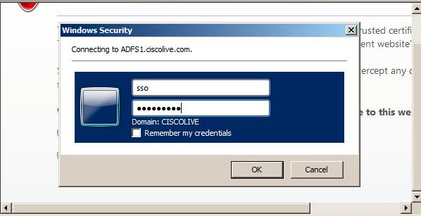 When you are prompted for credentials, enter user SSO's username and password and click OK.