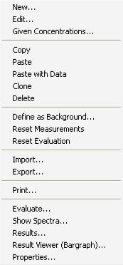 It contains different columns which can be used to change the order of presentation. Using the right mouse button a context menu gives access to all important functions regarding standard samples.