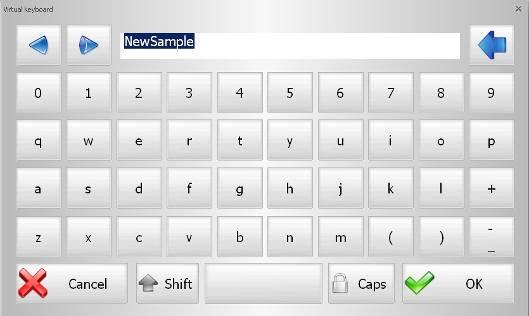 28.1.3.3 Editing the sample name At start up the sample name is preset with 'NewSample'. To edit the sample name press the Edit button next to the edit field. A Virtual Keyboard ( Figure 7 ) appears.