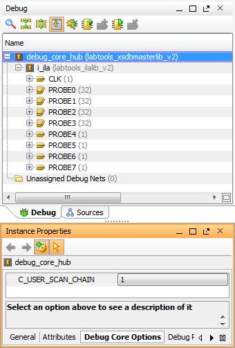 Implementing the Design Containing the Debug Cores X-Ref Target - Figure 4-8 Figure 4-8: Changing the user scan chain property of the debug_core_hub Implementing the Design Containing the Debug Cores