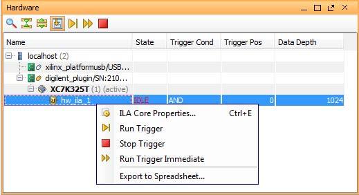 Stopping the ILA Core Trigger You can also arm the trigger by selecting and right-clicking on the ILA core and selecting Run Trigger or Run Trigger Immediate from the popup menu (see Figure 5-4).