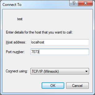 Enter the TCP/IP properties: o Host address: localhost o Port number: 7073 Figure 2-4 - TCP/IP Settings Click OK to exit the Connect To dialog.