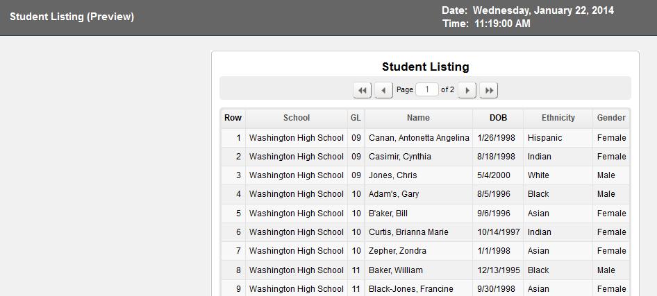 This will sort the data by school first, then by grade level and finally by student name. The Sort tab controls the default date which will initially appear on the report.