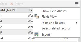 Clear will clear the selected features and Delete will delete them from the map and attribute table. In the upper right corner of the table is a small accordion menu.