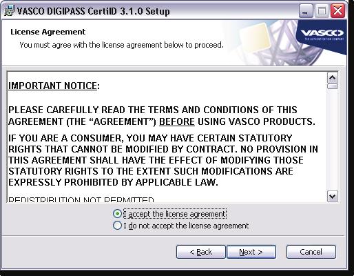2. Read the license agreement text, select I accept the license agreement and click Next.