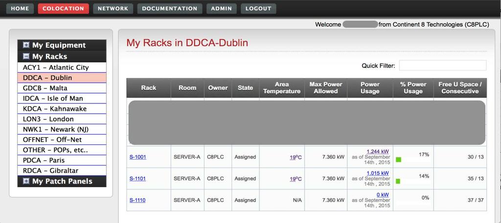 5. Colocation My Racks By expanding the My Racks section the locations in which you have co-location racks will be shown.