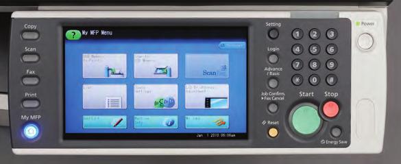 AN INTERFACE DESIGNED FOR SIMPLICITY The MFX-2590 features an 8.5" color touch screen that quickly guides users through machine programming, job execution and troubleshooting.