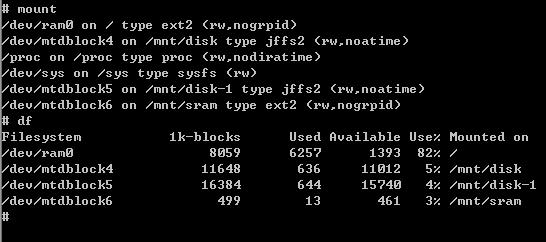 disk (/disk) which includes /home and /etc directory are configured as Flash Disk. To find out the file system information, please use command /mount as shown as below.