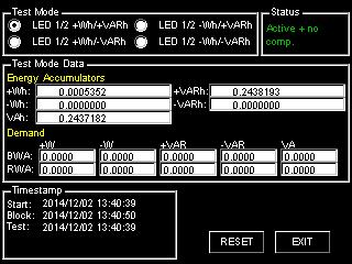 The display shows a screen with Test Mode data and timestamp, your Mode of Operation selection, Exit and Reset Buttons, and Test Mode status, e.g., Active - no comp(ensation).