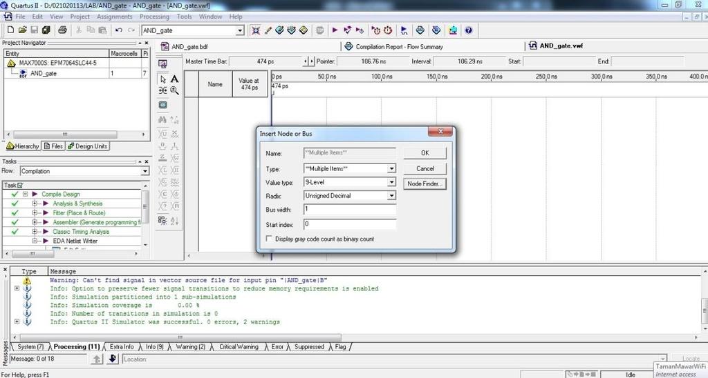 9. Click OK at the Node Finder window. Click OK again at the Insert Node or Bus window. Figure 3(viiii) 10. The selected input and output pins will appear at the waveform editor file.