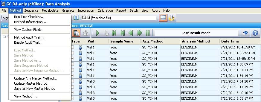 Single Sample Workflow (2/2) ChemStation Edition In the Last Result Mode it is now possible to save the data analysis parameters last used (from DA.M) to a master method.