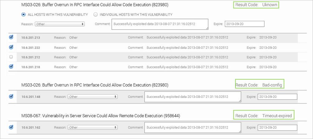 13 Frequently Asked Questions What are result codes? A result code is the reason an exploit failed. You can view the result code for a vulnerability on the Vulnerability Exceptions page.