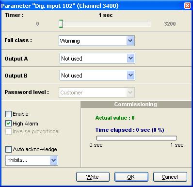 Digital input alarm configuration To see the parameters for the digital inputs, select the Dig tab: Analogue