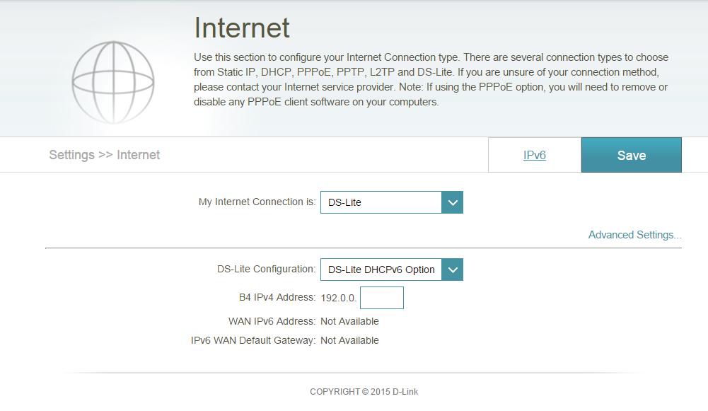 Section 3 - Configuration DS-Lite DS-Lite is an IPv6 (Internet Protocol version 6) connection type. DHCPv6 is the IPv6 equivalent of Dynamic Host Configuration Protocol for IPv4.