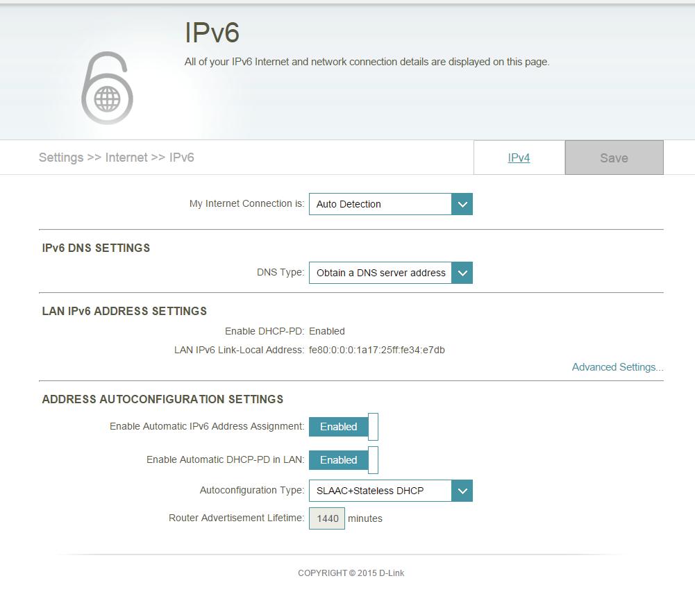Section 3 - Configuration IPv6 To configure an IPv6 connection, click the IPv6 link. To return to the IPv4 settings, click IPv4.