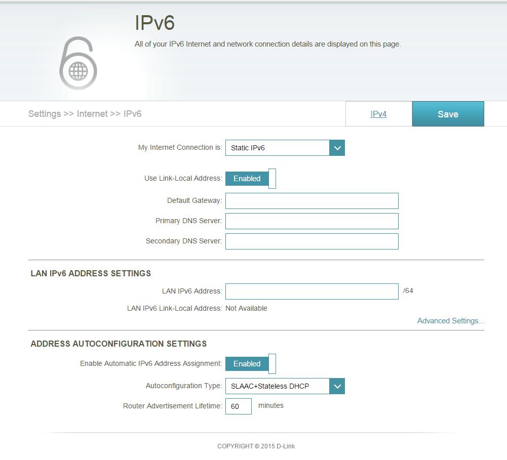 Section 3 - Configuration Static IPv6 Select Static IP if your IPv6 information is provided by your Internet service provider (ISP). Use Link-Local Address: Enable or disable the Link-Local Address.