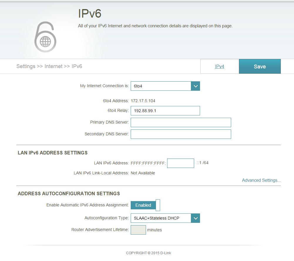 Section 3 - Configuration 6 to 4 In this section, the user can configure the IPv6 6 to 4 connection settings.