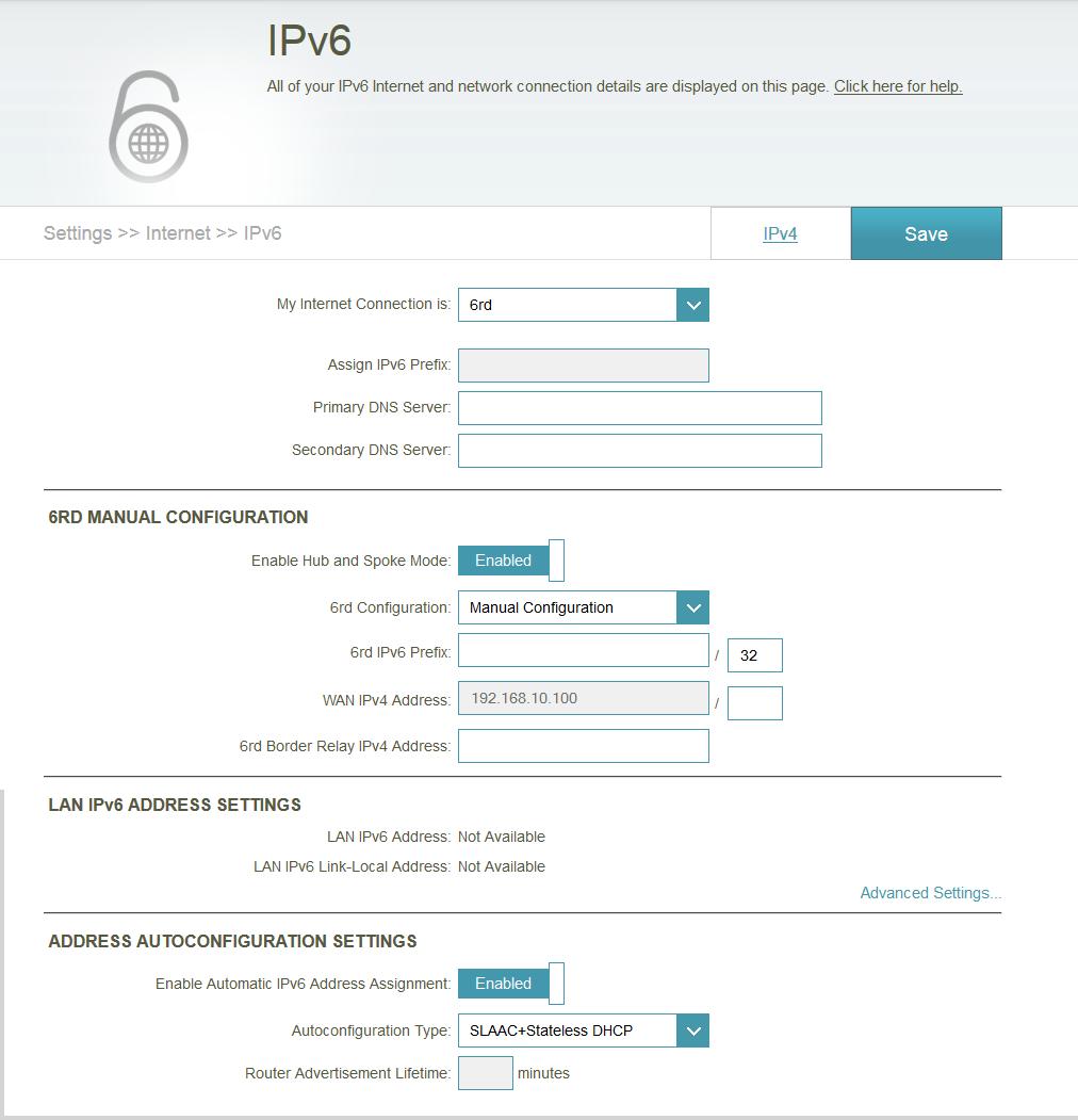 Section 3 - Configuration 6rd In this section, the user can configure the IPv6 6rd connection settings.