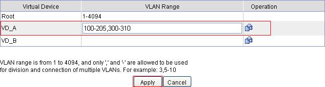 Figure 60 Assigning VLANs to VD_A 5. Assign VLANs to VD_B: a. Select System > Device Management > Virtual Device > VLAN from the navigation tree. b.