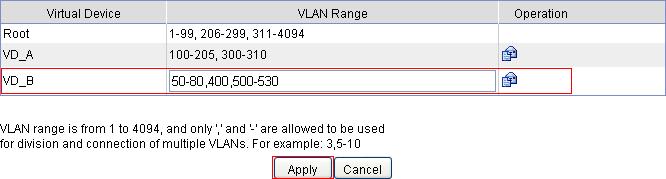 Figure 61 Assigning VLANs to VD_B Creating a VD at the CLI VD configuration task list Task Creating a VD Assigning resources to a VD Assigning a Layer 3 interface to a VD Assigning a VLAN to a VD