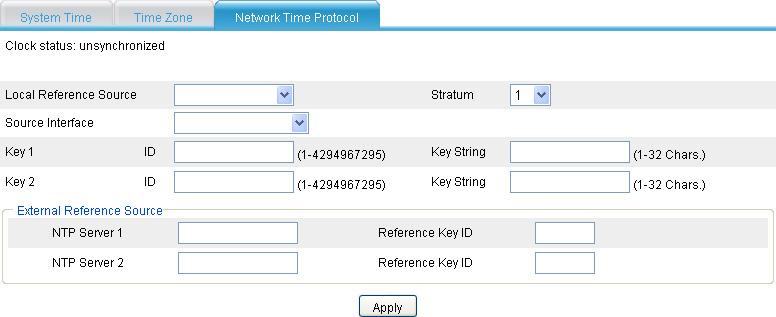 Figure 73 Configuring the network time 3. Configure the network time as described in Table 21. 4. Click Apply.
