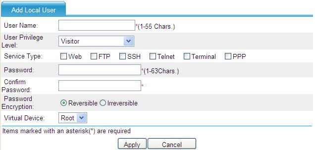 Figure 42 Adding a local user 3. Configure a local user, as described in Table 18. 4. Click Apply. Table 18 Configuration items Item User Name Description Enter the username of the local user.