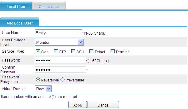 Figure 44 Creating a local user c. Enter Emily as the username. d. Select the user privilege level Monitor. e. Select the service type Web. f. Enter aabbcc as the password and confirm the password.