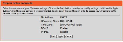 If you have selected DHCP, you will see a summary of your settings, including the