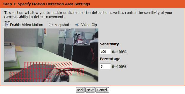 You may specify whether the camera should capture a snapshot or a video clip when motion is detected.