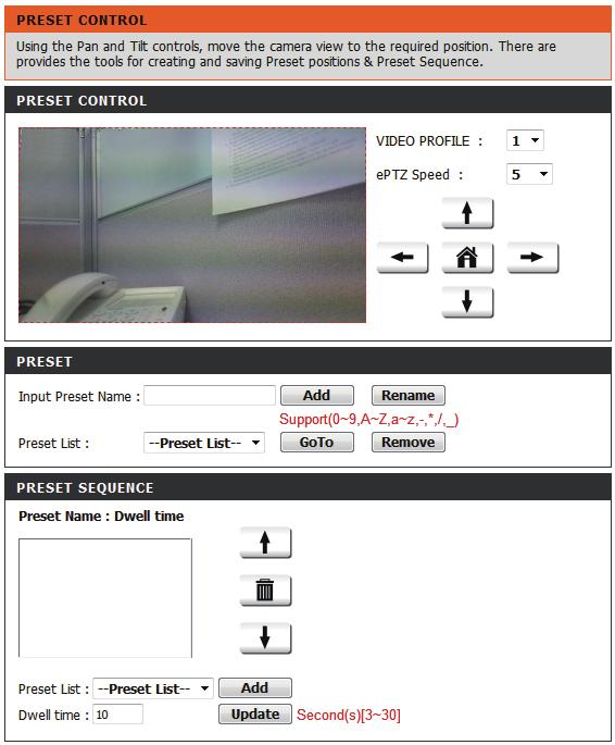 Preset This screen allows you to set preset points for the eptz function of the camera, which allows you to look around the camera's viewable area by using a zoomed view.