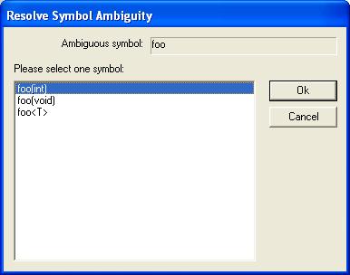 Reference information on working with variables and expressions Resolve Symbol Ambiguity dialog box The Resolve Symbol Ambiguity dialog box appears, for example, when you specify a symbol in the