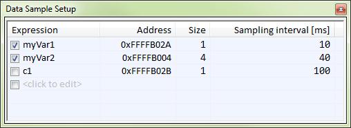 Variables and expressions Data Sample Setup window The Data Sample Setup window is available from the C-SPY driver menu. Use this window to specify up to four variables to sample data for.
