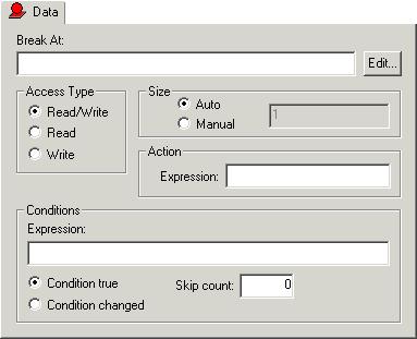 Reference information on breakpoints Data breakpoints dialog box The Data breakpoints dialog box is available from the context menu in the editor window, Breakpoints window, the Memory window, and in