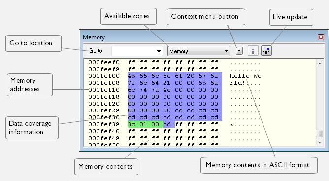 Memory and registers Memory window The Memory window is available from the View menu. This window gives an up-to-date display of a specified area of memory a memory zone and allows you to edit it.