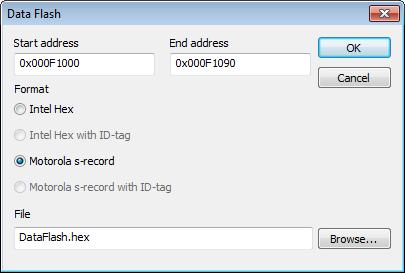 Memory and registers Data Flash dialog box The Data Flash dialog box is available by choosing Save Memory to File from the context menu in the Data Flash Memory window.