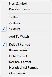 Memory and registers Context menu This context menu is available: These commands are available: Next Symbol Highlights the next symbol in the display area.
