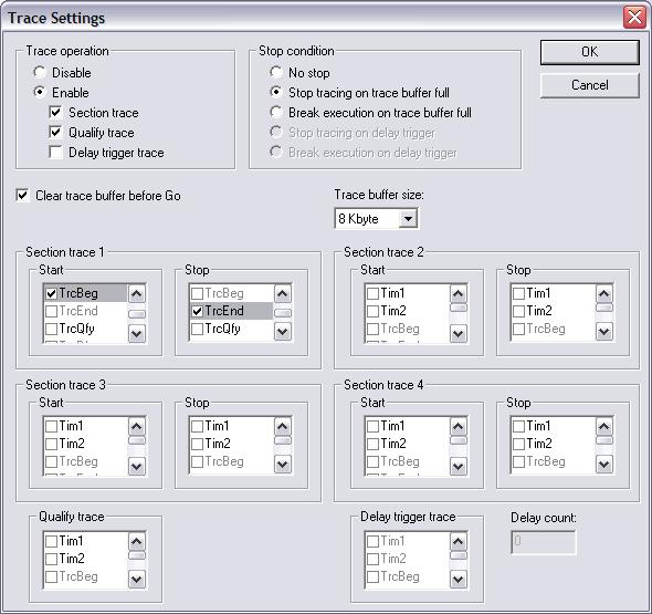 Reference information on trace Trace Settings dialog box for IECUBE The Trace Settings dialog box is available from the Emulator menu.