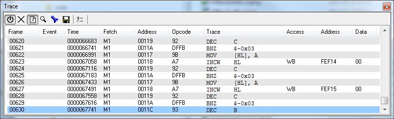 Reference information on trace Display area (in the IECUBE, E1, and E2 Lite emulators) This area contains these columns for the C-SPY emulators: Frame The number of the trace buffer frame.
