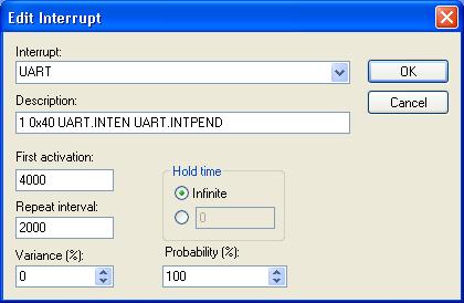 Interrupts Edit Interrupt dialog box The Edit Interrupt dialog box is available from the Interrupt Setup dialog box. Use this dialog box to interactively fine-tune the interrupt parameters.