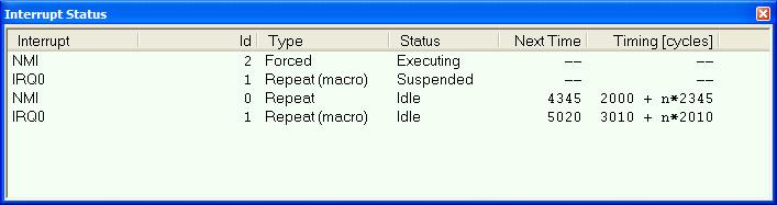 Interrupts Requirements Display area Context menu The C-SPY simulator. This area lists all available interrupts and their definitions.