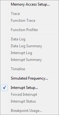 Reference information on C-SPY driver menus Simulator menu When you use the simulator driver, the Simulator menu is added to the menu bar.
