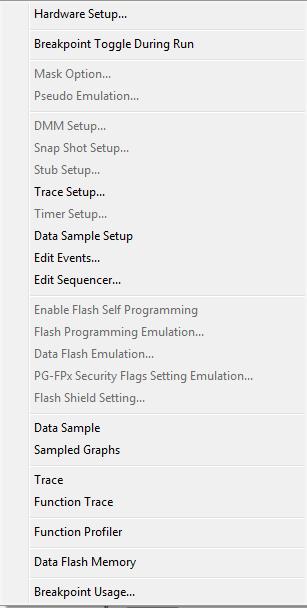 Reference information on C-SPY driver menus Emulator menu When you are using the C-SPY hardware debugger drivers, the Emulator menu is added to the menu bar.
